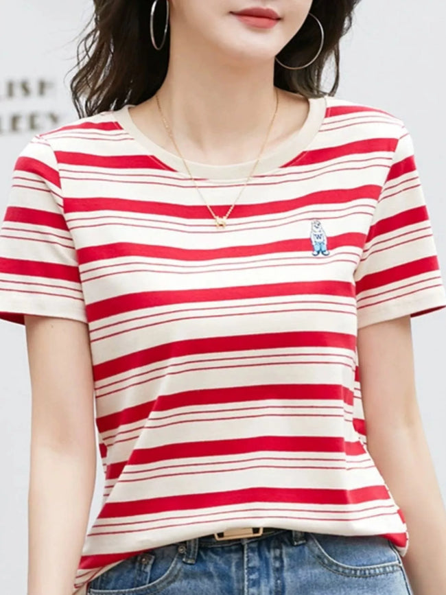 Full Size Casual Striped Crew Neck T-Shirt with Cute Embroidery Plus Size