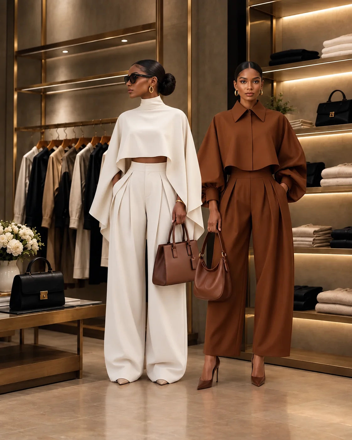 Two African American women wearing cream and brown outfits in a luxury boutique
